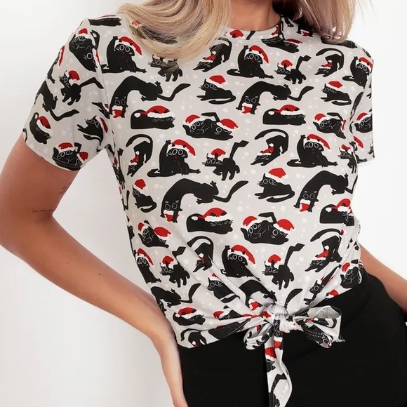 Blackmilk “CATS IN HATS TIE FRONT TEE” Size Small S NWT Xmas Christmas - Picture 7 of 13